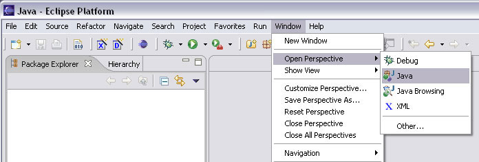 Image of Java Perspective menu selection.