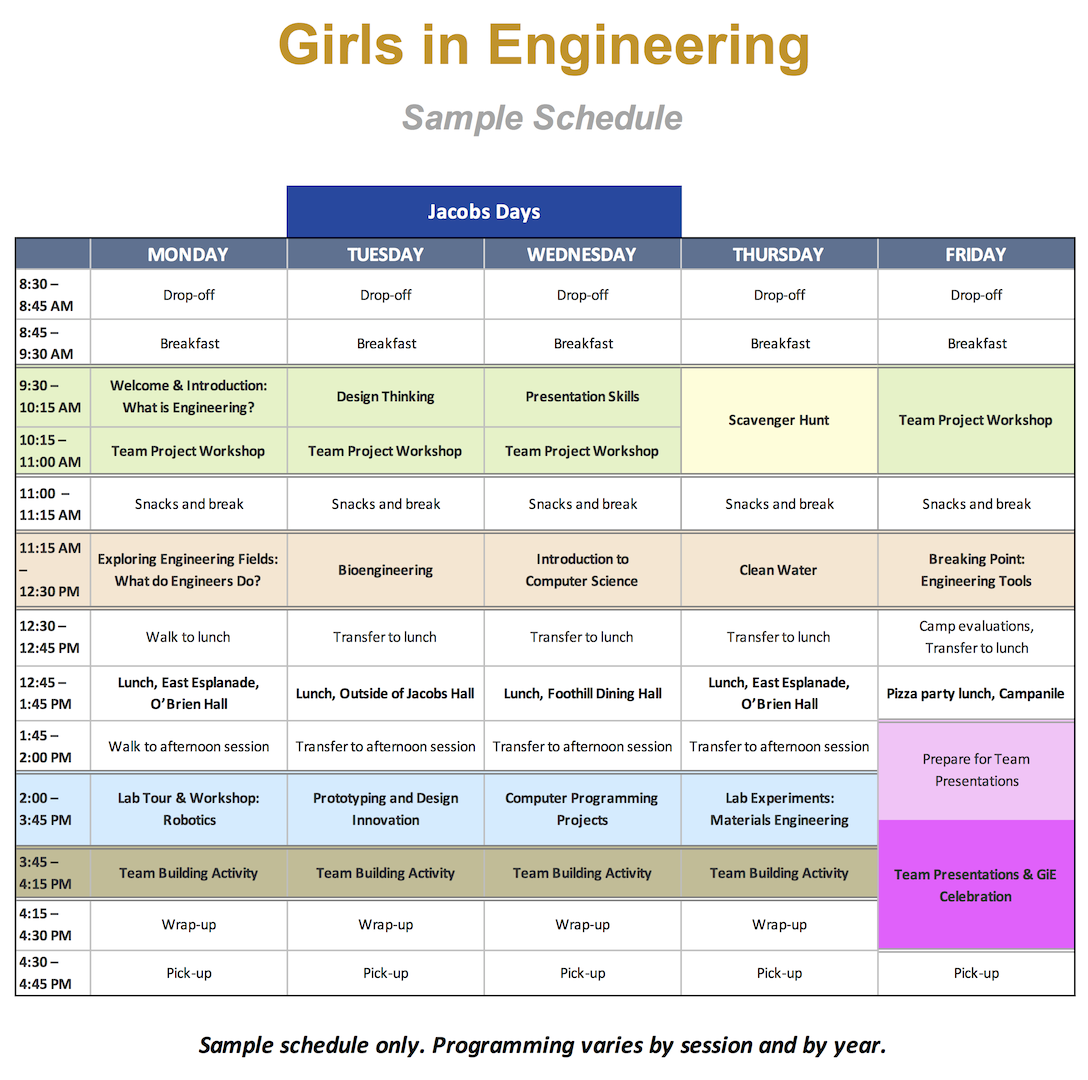 Berkeley Girls in Engineering sample schedule