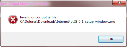 Screenshot of Java Virtual Machine Launcher Window with Invalid or Corrupt jarfile message