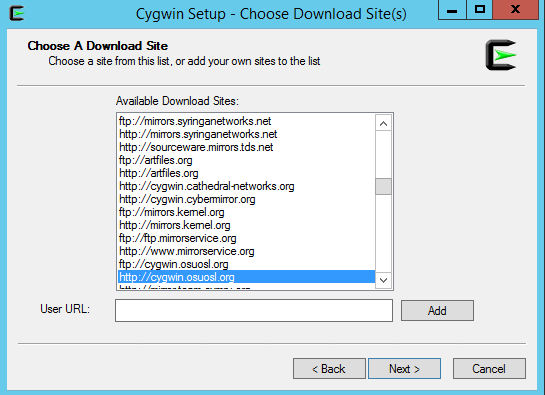 Cygwin Setup - Choose Download Site(s)